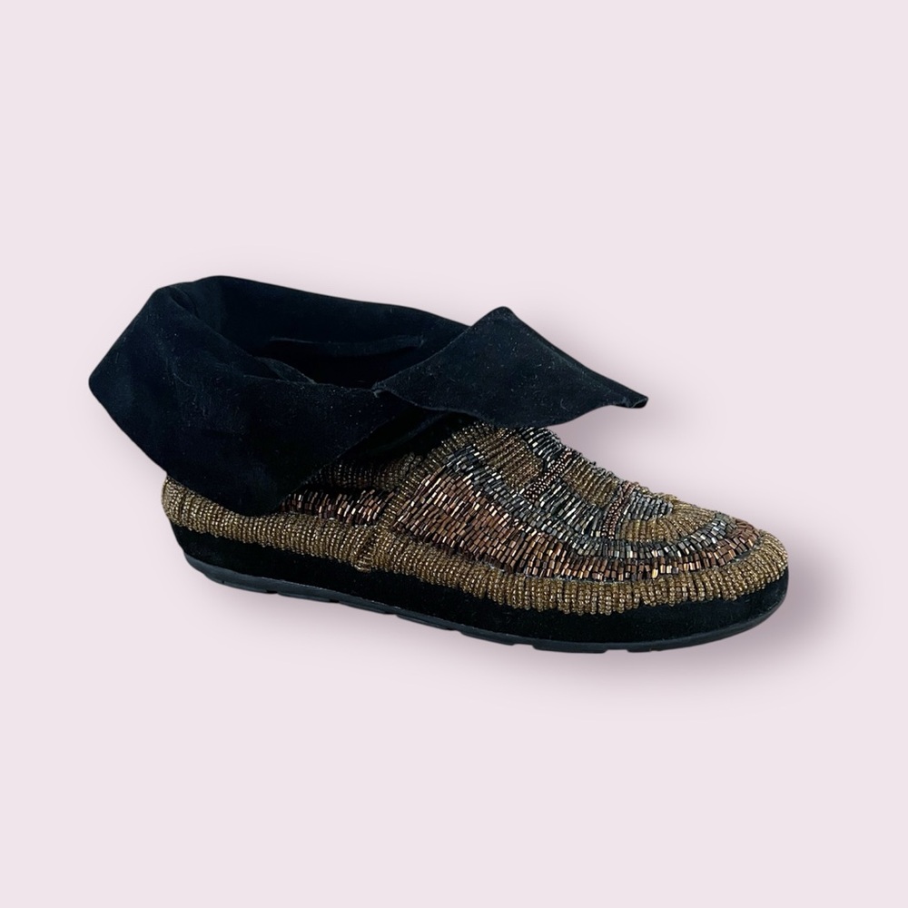 House Of Harlow Maddie Black Suede Beaded Moccasin Bootie Women’s Size 38 / 7.5